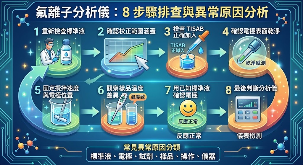 氟離子分析儀數值異常怎麼辦?8 步驟排查校正、電極與樣品問題