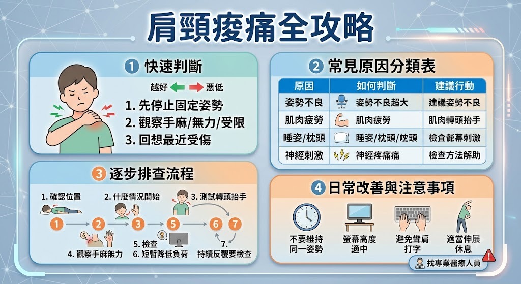肩頸痠痛怎麼辦？常見原因、7步驟排查與就醫警訊一次看懂