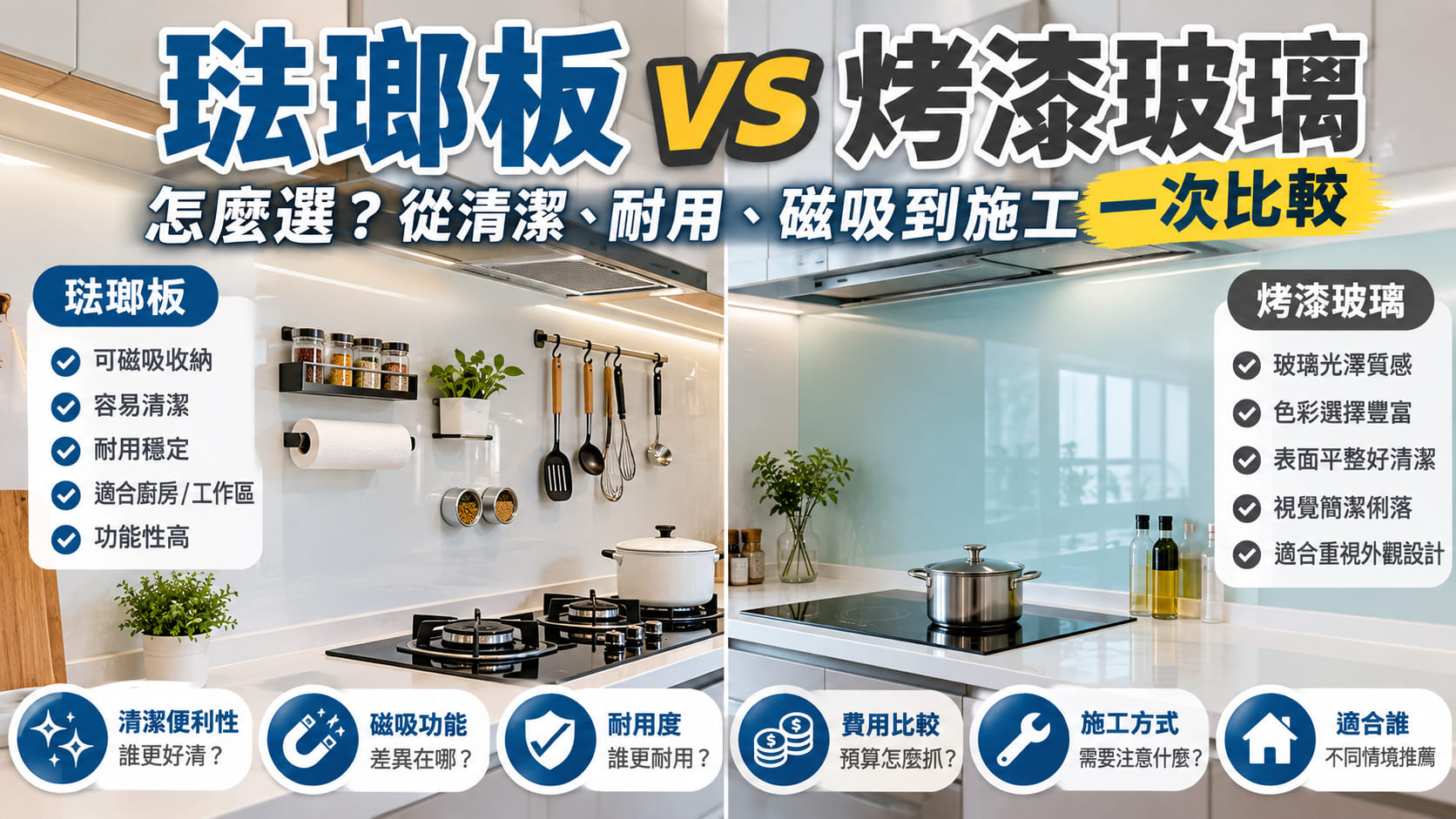 琺瑯板 vs 烤漆玻璃怎麼選?從清潔、耐用、磁吸到施工一次比較